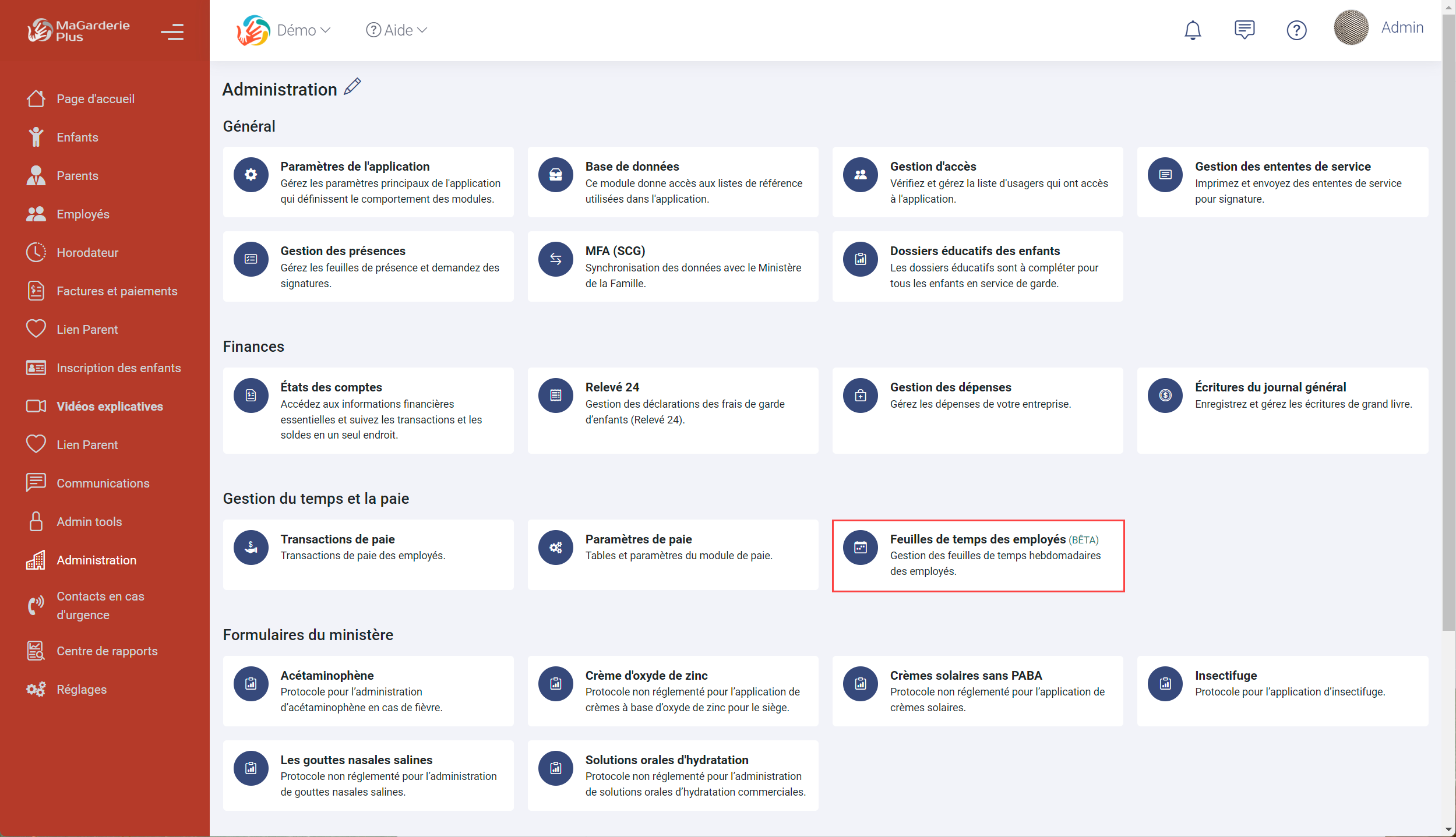 Feuilles de temps des employés dans MaGarderie Plus