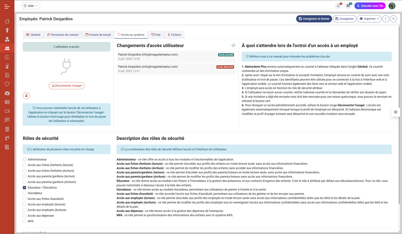 MaGarderie Plus Gestion des fiches d'employés